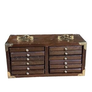 MCM Vintage Goodwood Teak Wooden Box Of 12 Wood And Cork Coasters Brass Handles